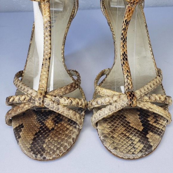 Prada Snake Leather Ankle Strap Woven Raffia Wedge Heel Sandals Size 36.5 Italy - Picture 2 of 16